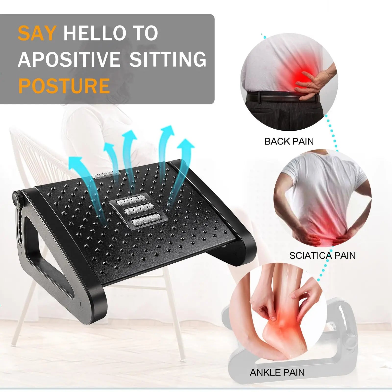 Repose-pieds ergonomique à placer sous le bureau avec rouleaux de massage, support pour les jambes, conçu pour soulager les douleurs et améliorer le confort à la maison ou au bureau.