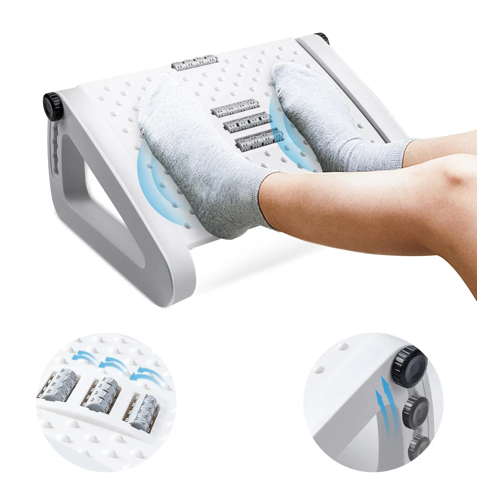 Repose-pieds ergonomique à placer sous le bureau avec rouleaux de massage, support pour les jambes, conçu pour soulager les douleurs et améliorer le confort à la maison ou au bureau.
