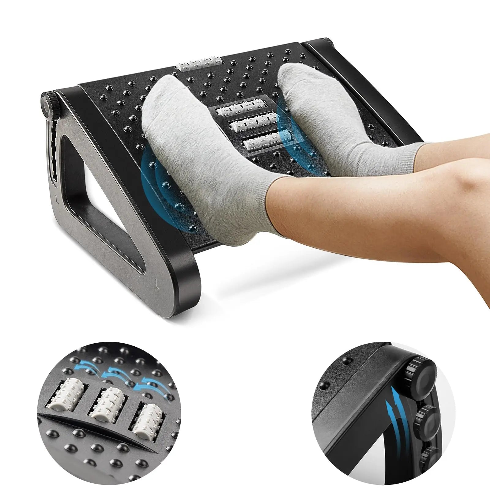 Repose-pieds ergonomique à placer sous le bureau avec rouleaux de massage, support pour les jambes, conçu pour soulager les douleurs et améliorer le confort à la maison ou au bureau.